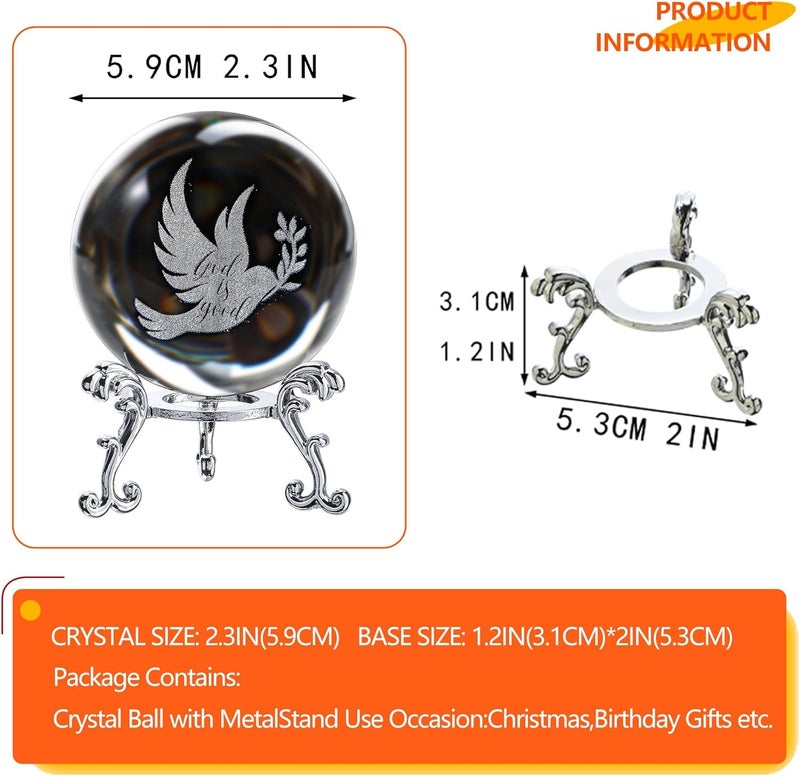 ZEERSHEE 60mm Glass Peace Dove Ball Laser Etched Dove with Olive Branch Crystal Pigeon Ornament with Stand Decor for Home Table - Image 3